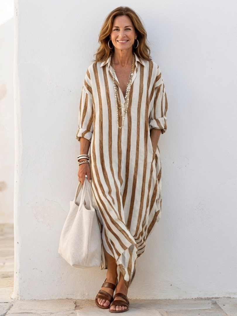 Naomi | Women's Relaxed Long Sleeve Striped Midi Shirt Dress
