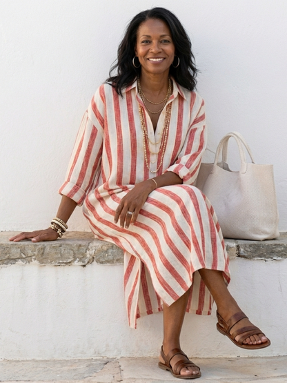 Naomi | Women's Relaxed Long Sleeve Striped Midi Shirt Dress