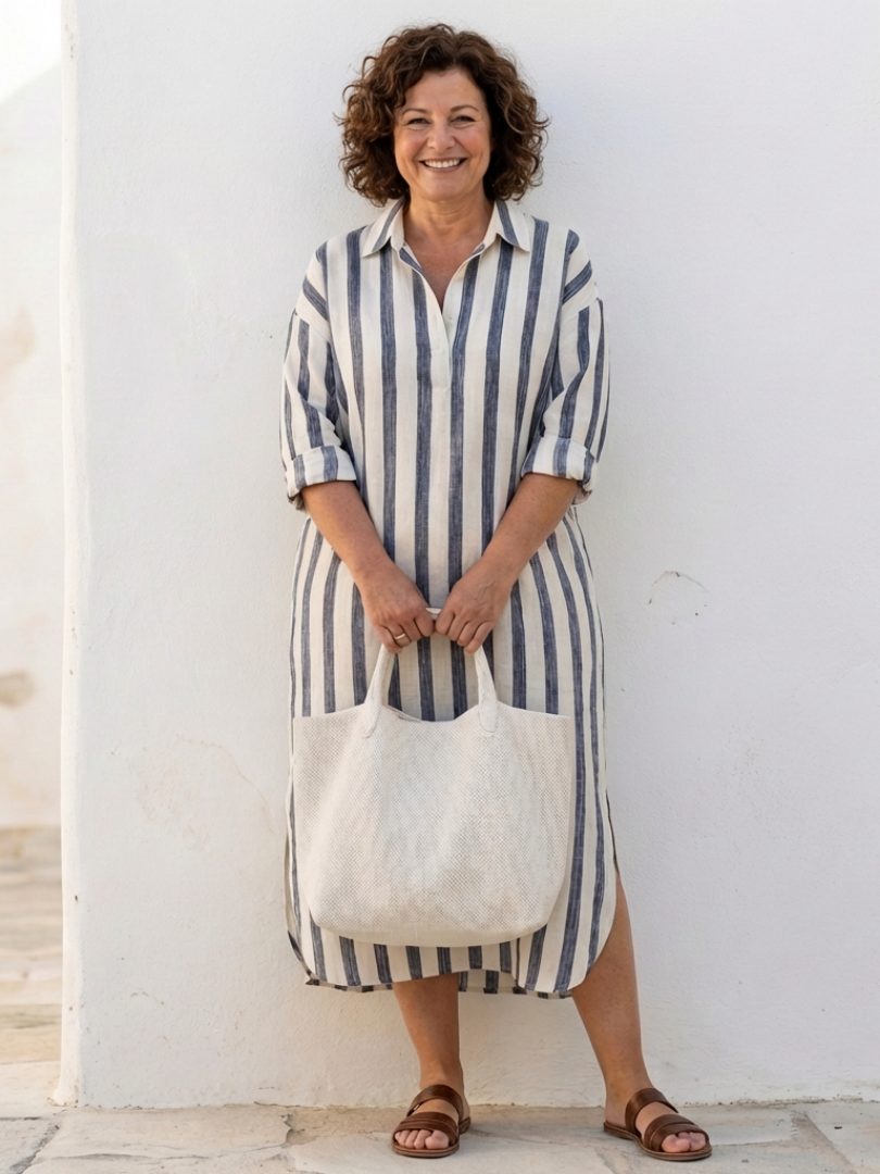 Naomi | Women's Relaxed Long Sleeve Striped Midi Shirt Dress