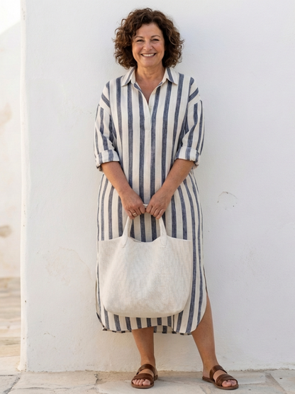 Naomi | Women's Relaxed Long Sleeve Striped Midi Shirt Dress