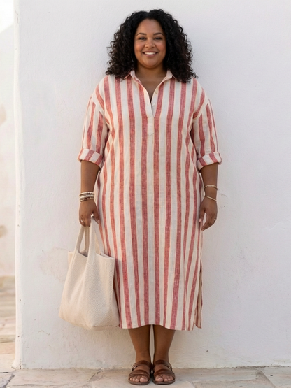 Naomi | Women's Relaxed Long Sleeve Striped Midi Shirt Dress