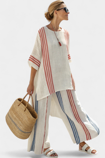 Ludovica | Women's Longline Relaxed sophisticated multicoloured striped top and Mediterranean trousers