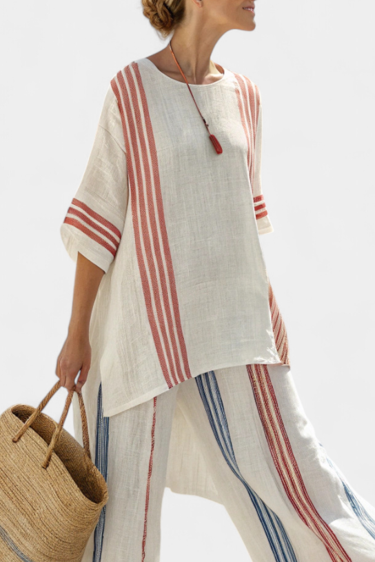 Ludovica | Women's Longline Relaxed sophisticated multicoloured striped top and Mediterranean trousers