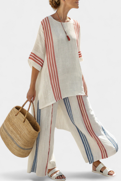 Ludovica | Women's Longline Relaxed sophisticated multicoloured striped top and Mediterranean trousers