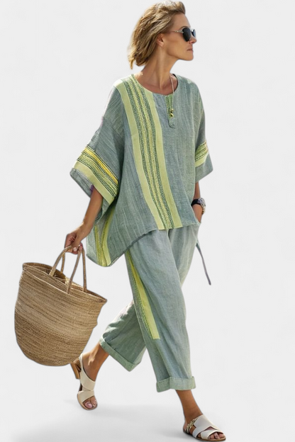 Daniela | Women's Longline elegant lavender top and mustard striped trousers