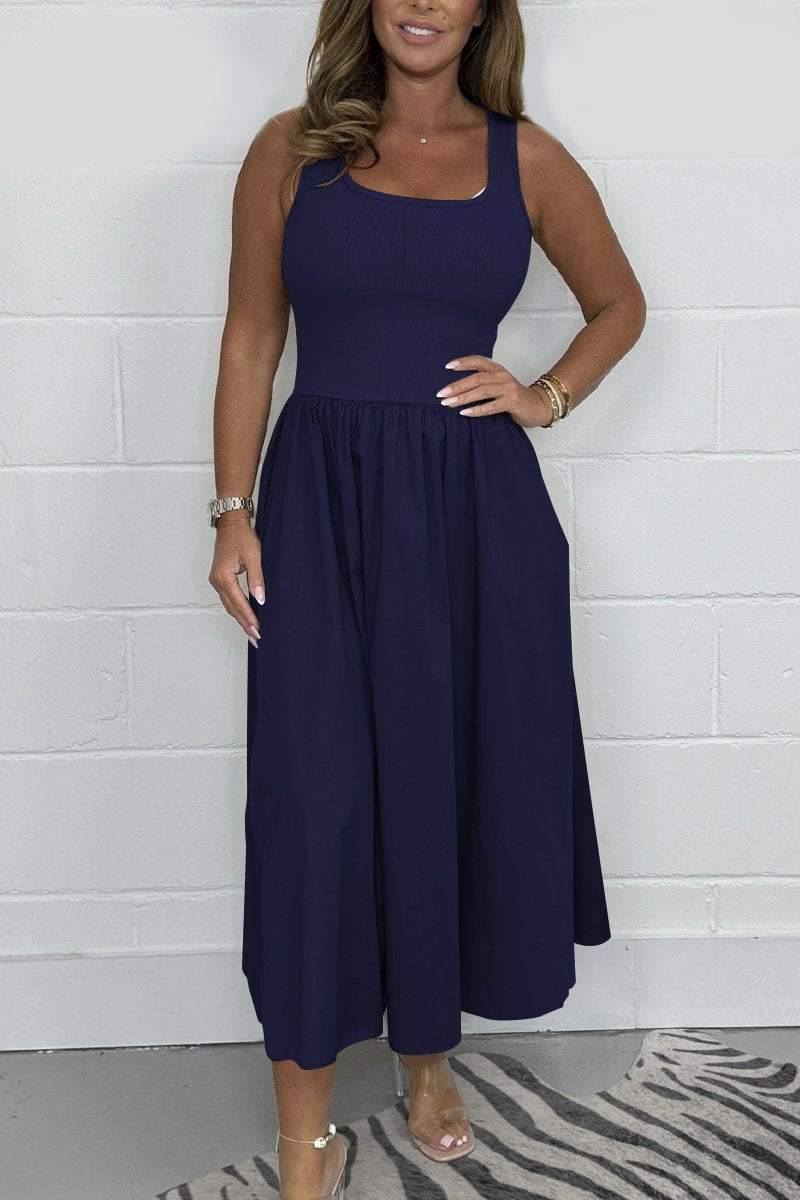 Women's Stylish Sleeveless A-Line Midi Dress with Square Neck Design