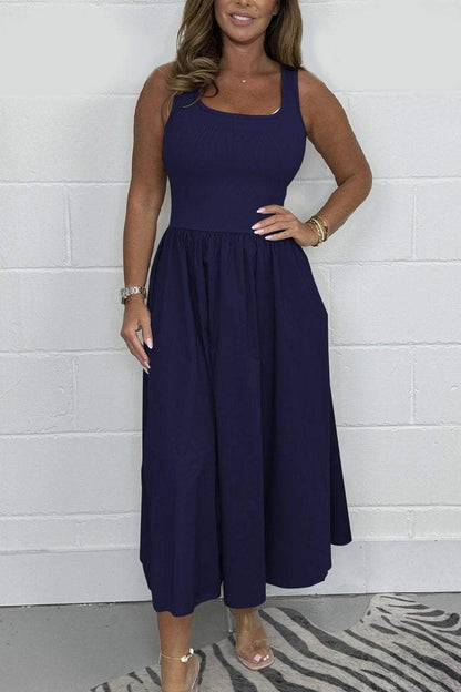 Women's Stylish Sleeveless A-Line Midi Dress with Square Neck Design