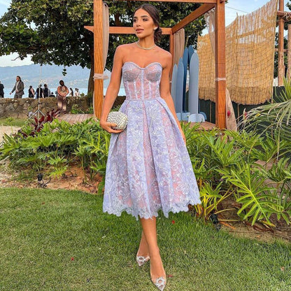 Luna | Women's Strapless Lace Midi Dress with Corset Top