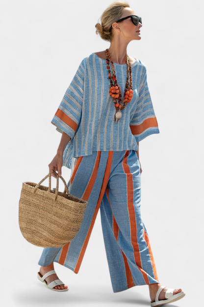 Valeria | Women's sophisticated terracotta striped top and trousers