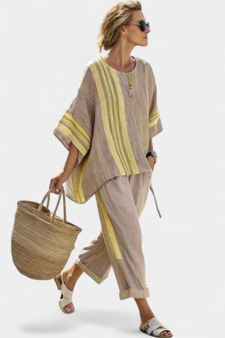 Daniela | Women's Longline elegant lavender top and mustard striped trousers