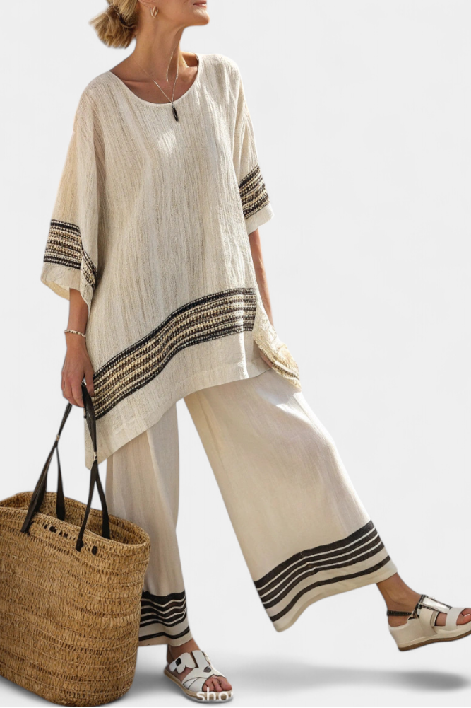Mariella | Women's Longline Relaxed Elegant black striped top and fluid trousers