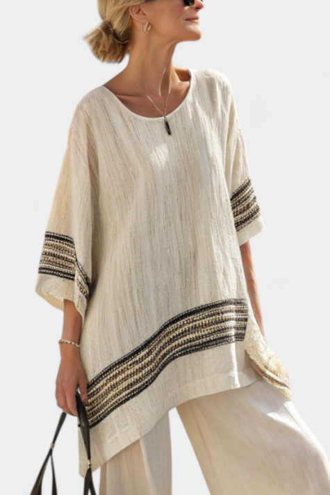 Mariella | Women's Longline Relaxed Elegant black striped top and fluid trousers