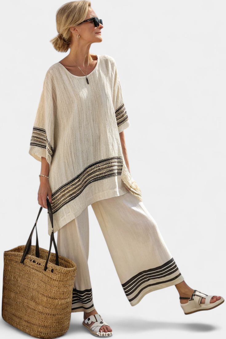 Mariella | Women's Longline Relaxed Elegant black striped top and fluid trousers