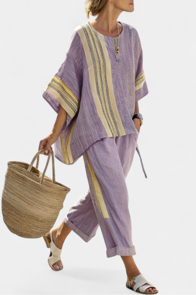 Daniela | Women's Longline elegant lavender top and mustard striped trousers