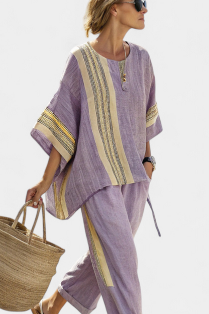 Daniela | Women's Longline elegant lavender top and mustard striped trousers