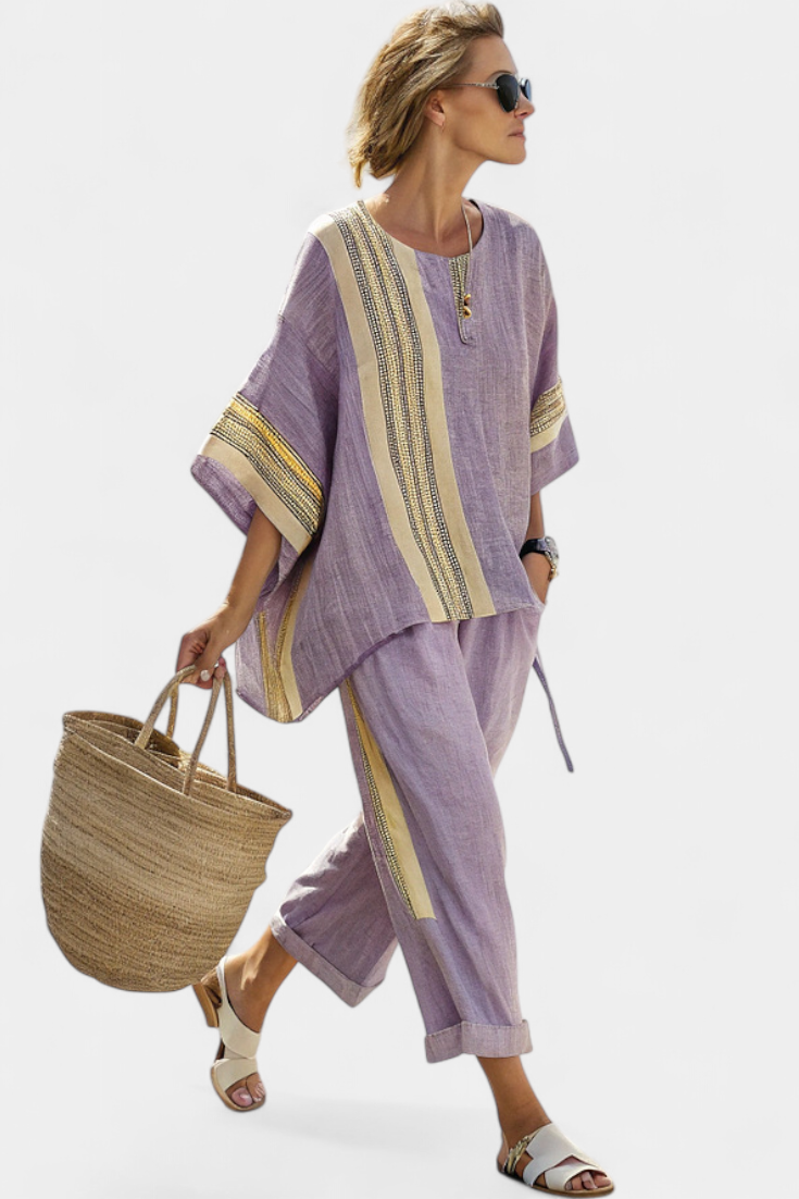 Daniela | Women's Longline elegant lavender top and mustard striped trousers