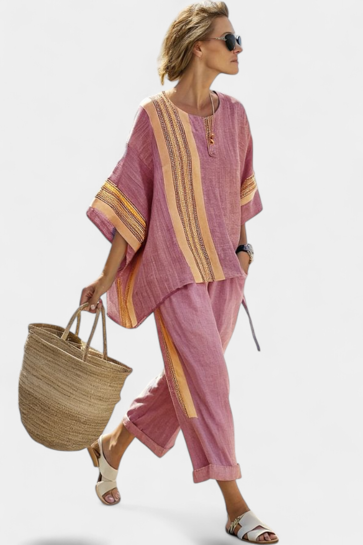 Daniela | Women's Longline elegant lavender top and mustard striped trousers