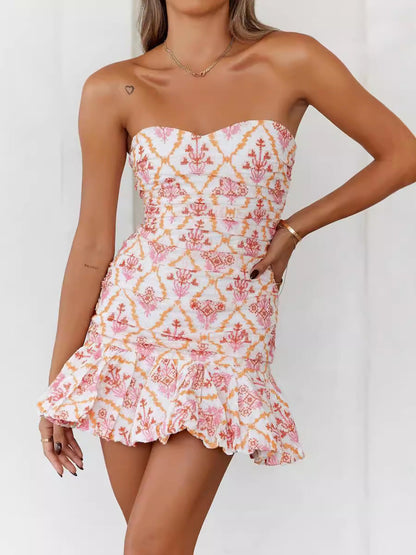 Women's Floral Charming Printed Pleated Mini Dress with a Fresh and Sweet Vibe