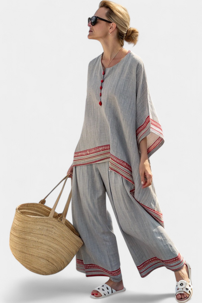 Rossella | Women's Longline Relaxed sophisticated asymmetric blouse and wide-leg ethnic trousers