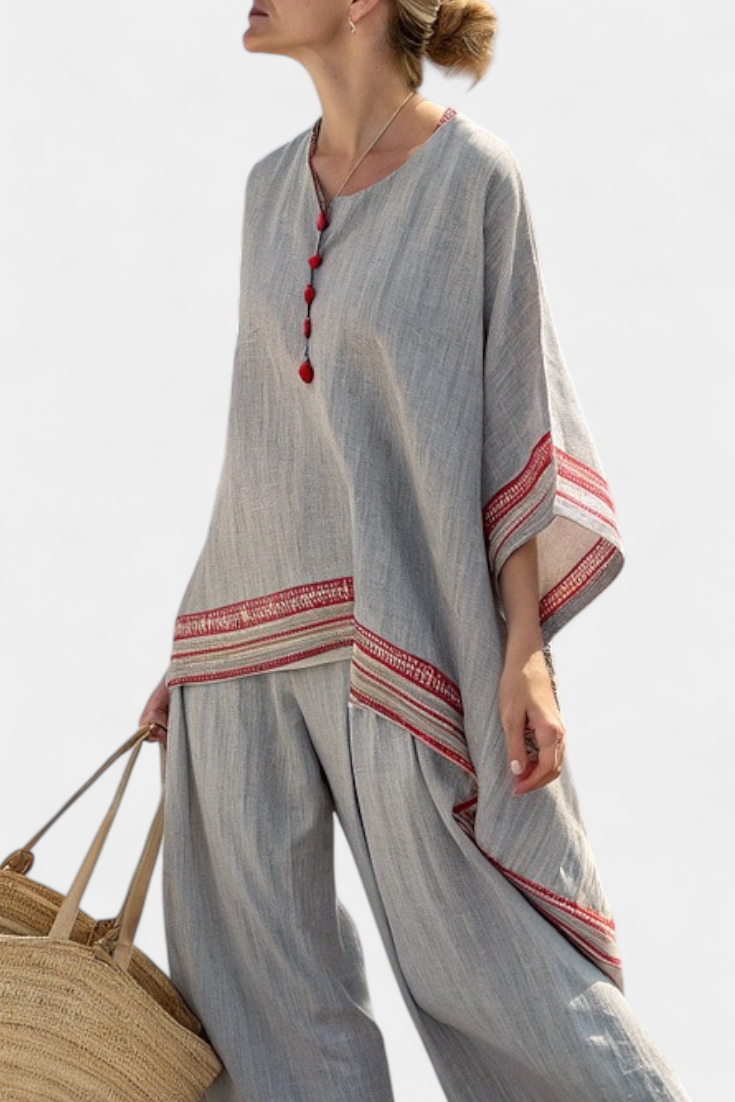Rossella | Women's Longline Relaxed sophisticated asymmetric blouse and wide-leg ethnic trousers