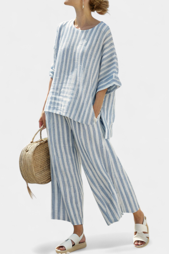 Federica | Women's Longline sophisticated blue striped top and relaxed trousers