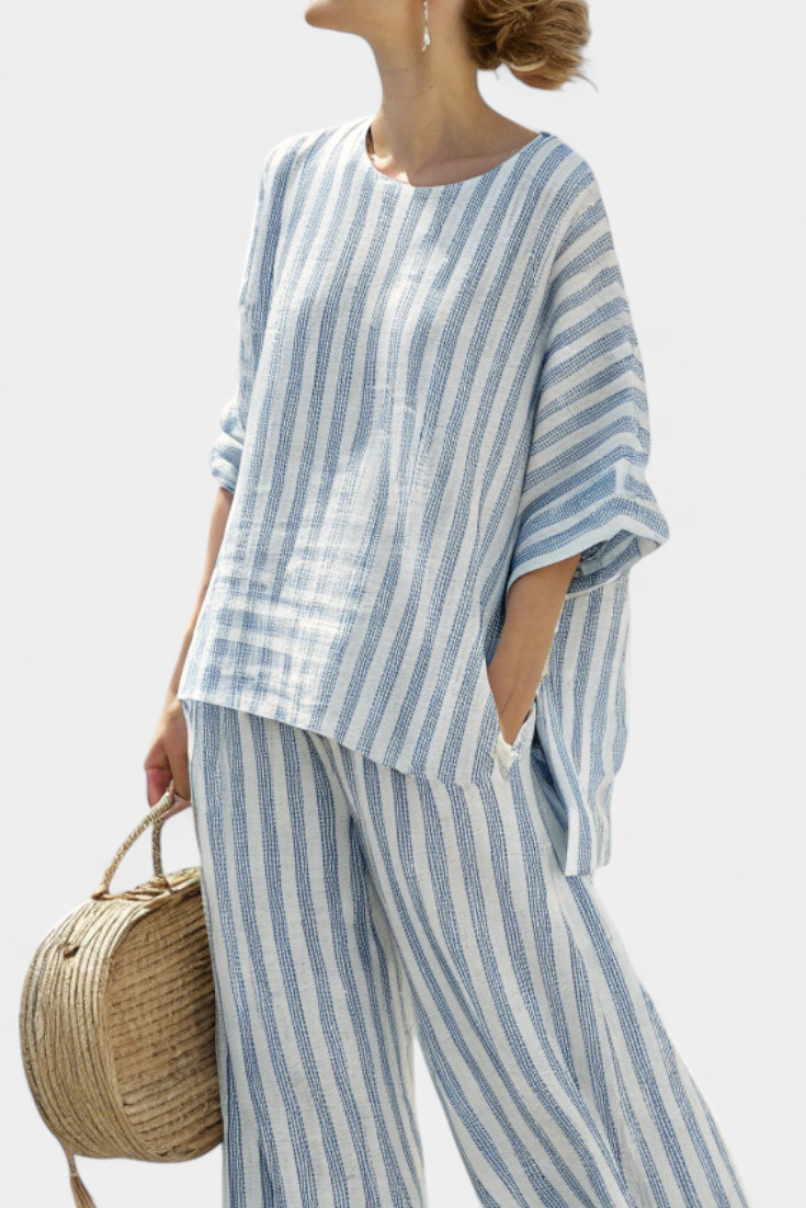Federica | Women's Longline sophisticated blue striped top and relaxed trousers