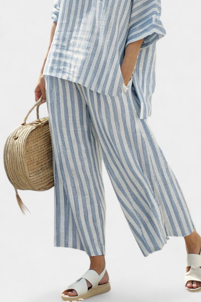 Federica | Women's Longline sophisticated blue striped top and relaxed trousers