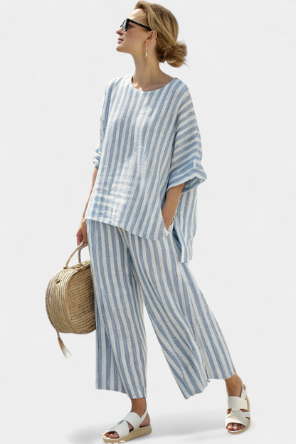 Federica | Women's Longline sophisticated blue striped top and relaxed trousers