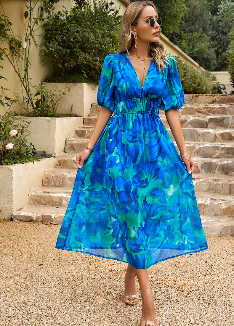Flore | Women's Elegant Midi Dress with Floral Pattern