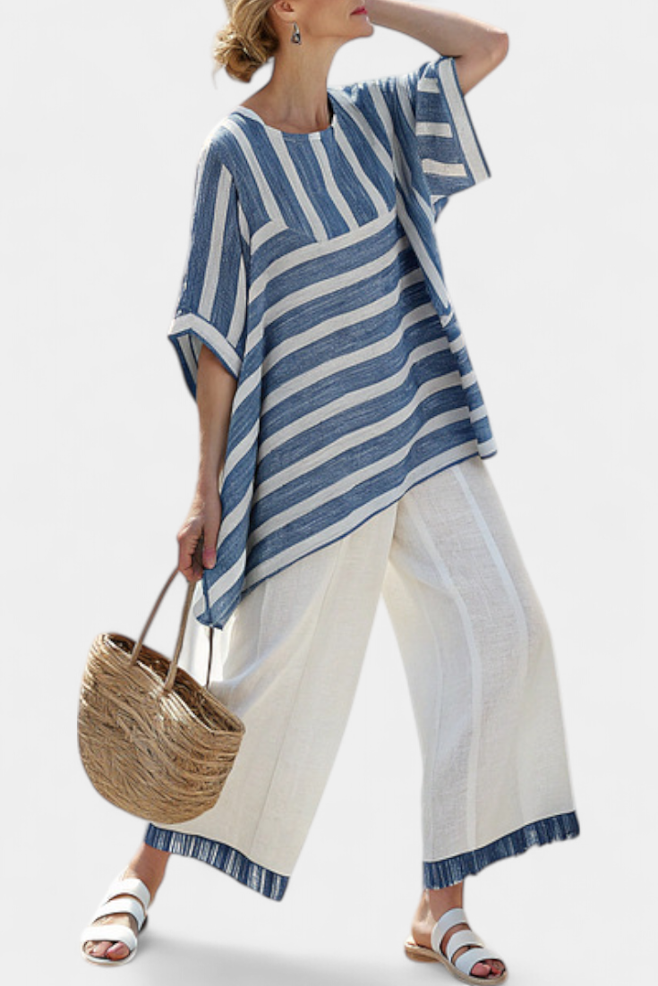 Ornella | Women's Longline Sophisticated blue striped top and trousers with hem details