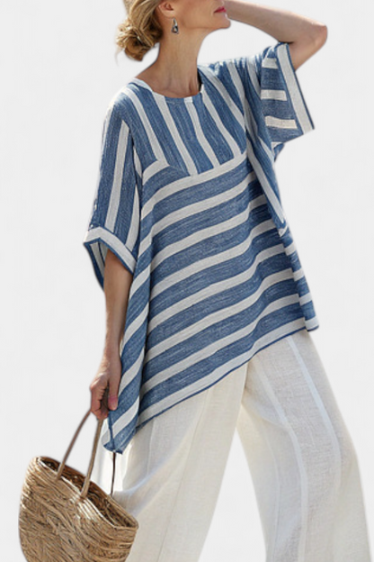 Ornella | Women's Longline Sophisticated blue striped top and trousers with hem details