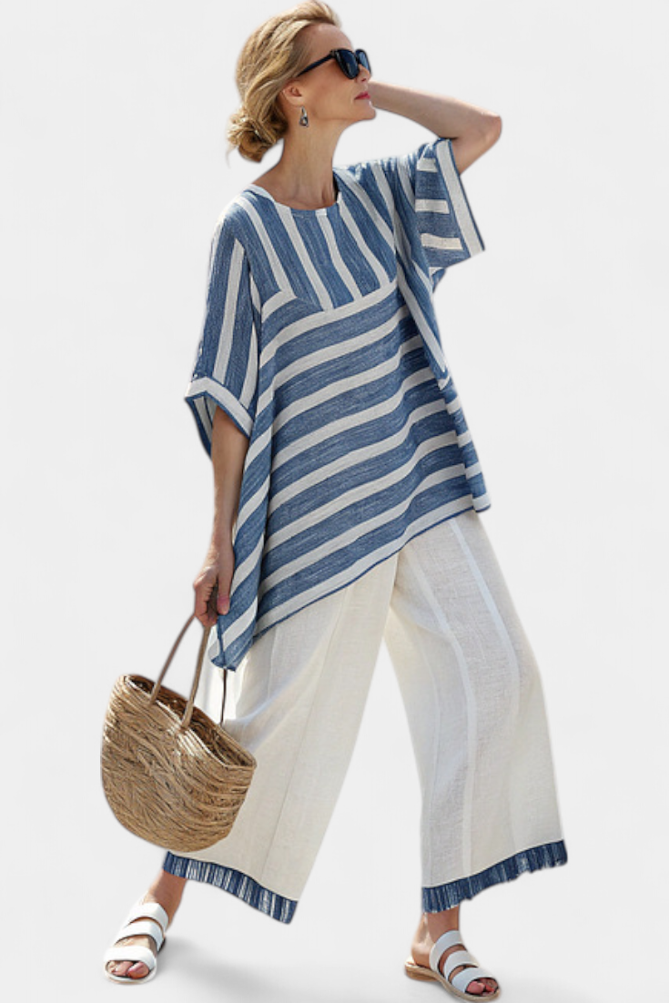 Ornella | Women's Longline Sophisticated blue striped top and trousers with hem details