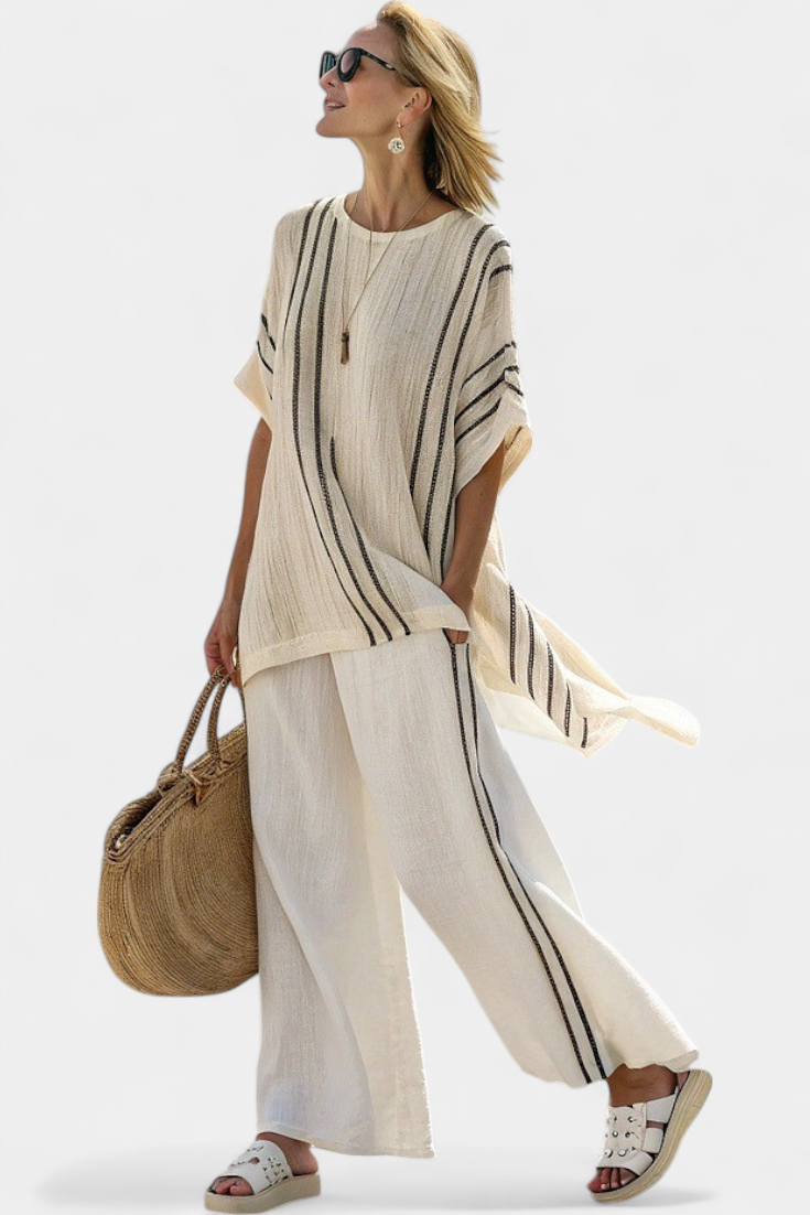 Raffaella | Women's Longline elegant ivory blouse and black striped trousers