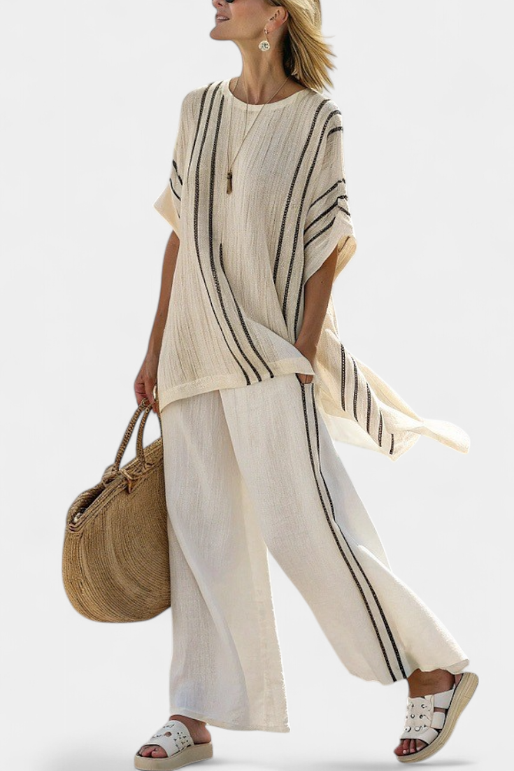 Raffaella | Women's Longline elegant ivory blouse and black striped trousers