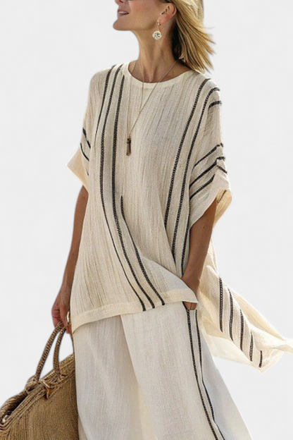Raffaella | Women's Longline elegant ivory blouse and black striped trousers