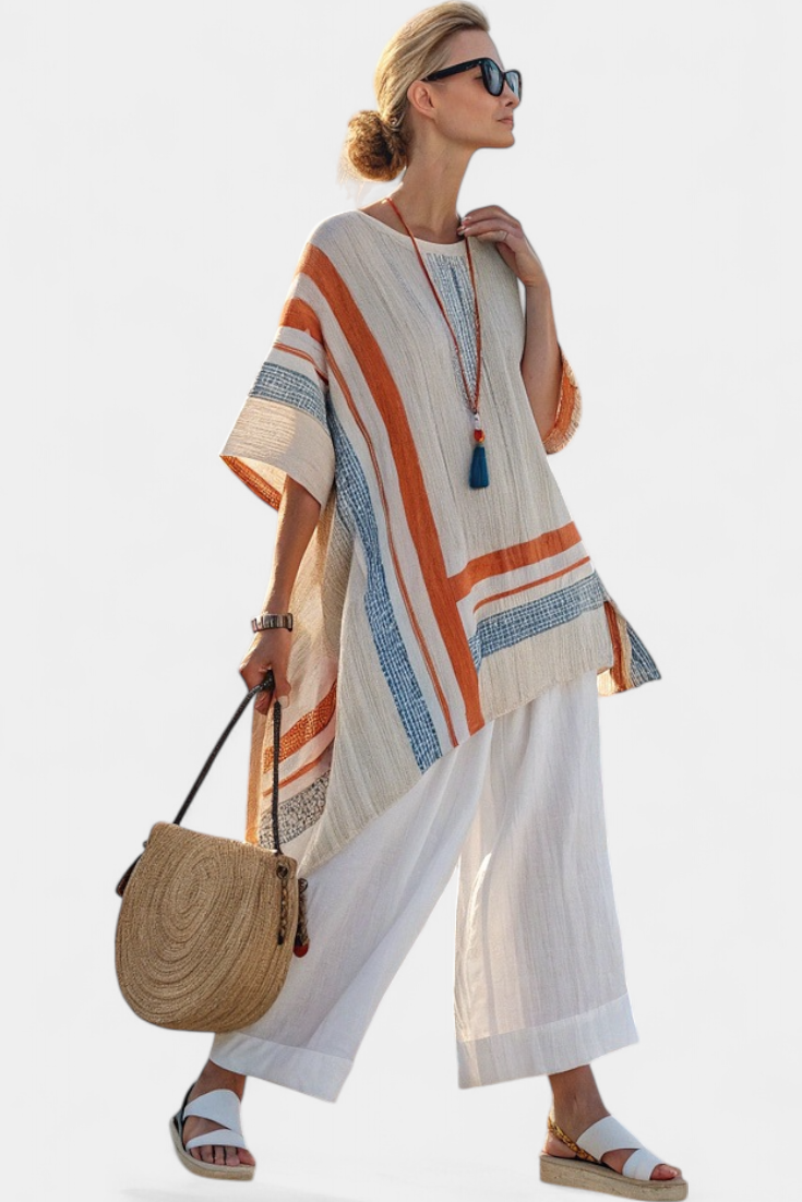 Loredana | Women's Longline Striped sophisticated asymmetric blouse and wide-leg trousers