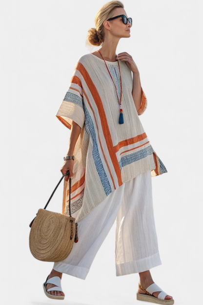 Loredana | Women's Longline Striped sophisticated asymmetric blouse and wide-leg trousers