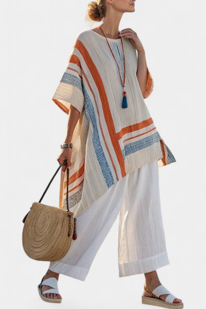 Loredana | Women's Longline Striped sophisticated asymmetric blouse and wide-leg trousers