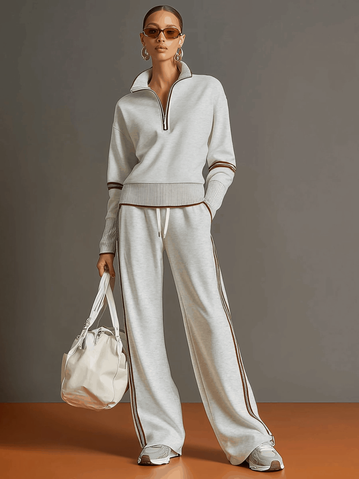 Women's Vintage-Inspired Grey and White Half-Zip Sweatshirt with Wide-Leg Trousers Set