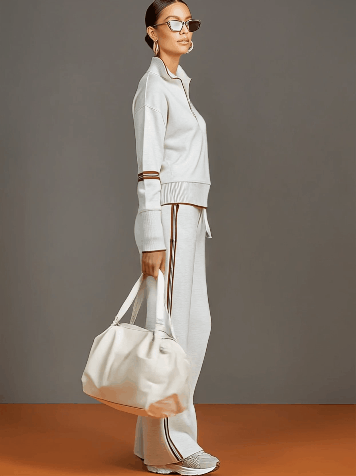 Women's Vintage-Inspired Grey and White Half-Zip Sweatshirt with Wide-Leg Trousers Set