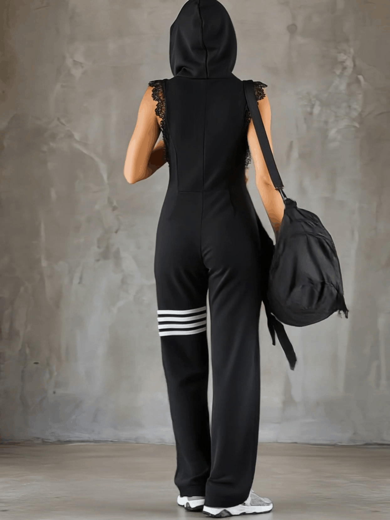 Women's Retro-Inspired Black Sleeveless Hooded Jumpsuit with Sporty Stripes