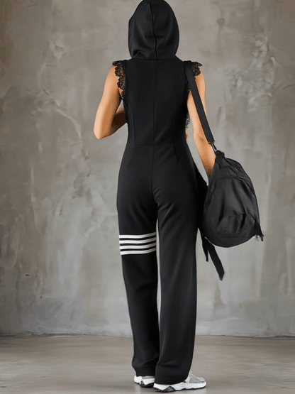 Women's Retro-Inspired Black Sleeveless Hooded Jumpsuit with Sporty Stripes