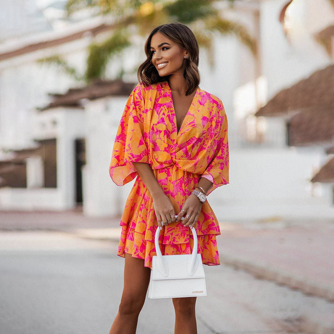 Lola | Women's Mini Dress with V-Neck, Floral Print, and Ruffle