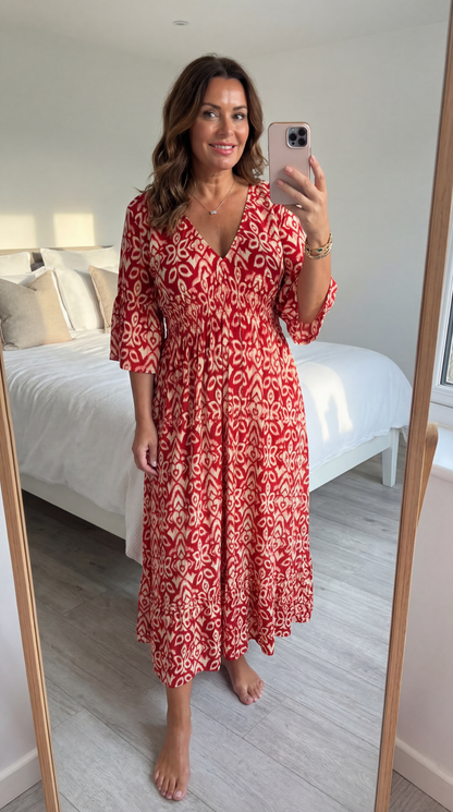 Women's Bohemian Midi Dress by Selene with V-Neck