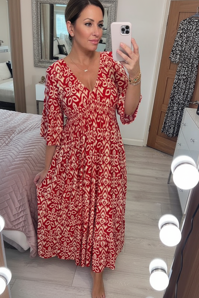 Women's Bohemian Midi Dress by Selene with V-Neck
