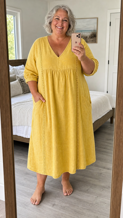 Women's Antonia A-Line Maxi Dress with 3/4 Sleeves and Pockets