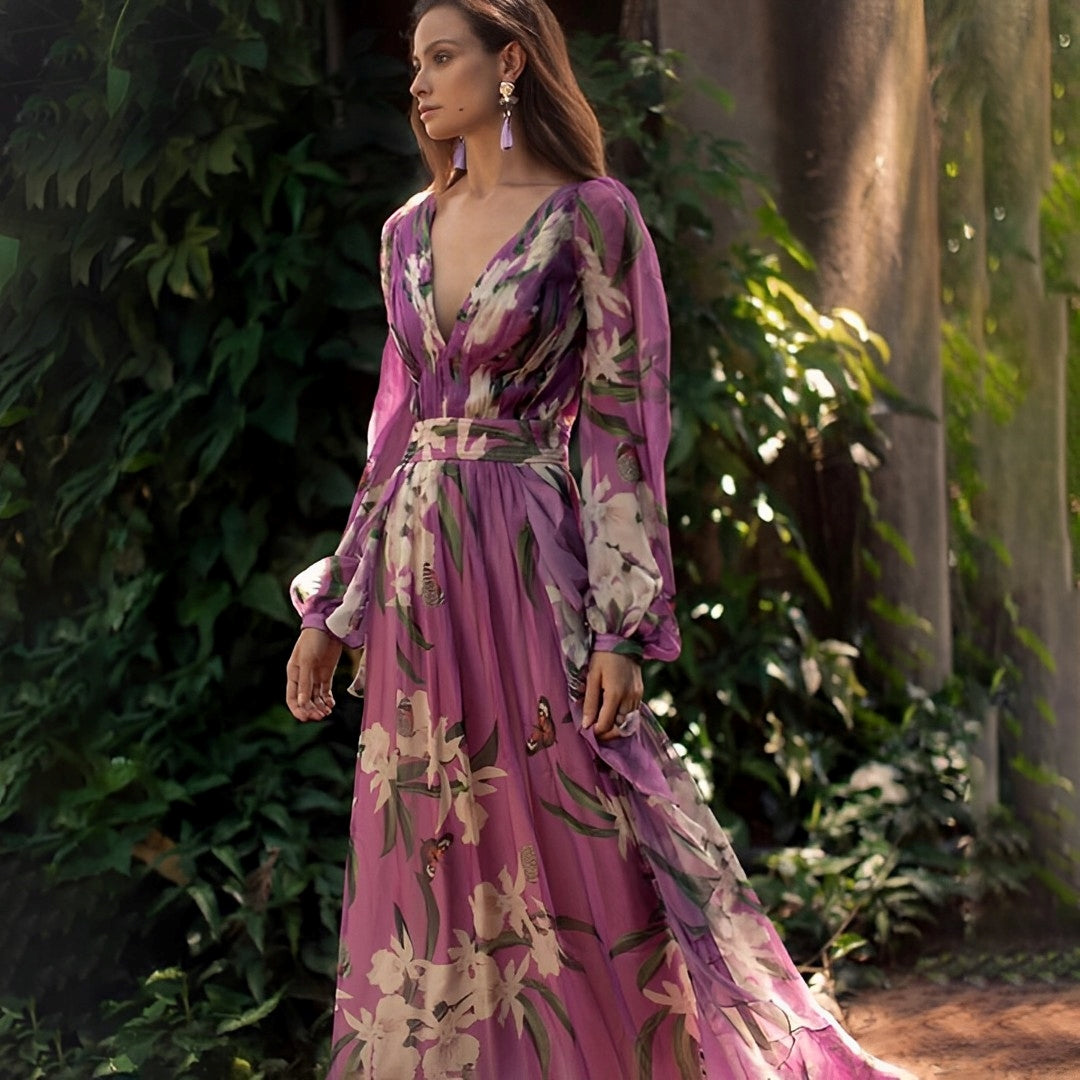 Sancha | Women's Maxi Floral Dress with V-Neck and Long Sleeve