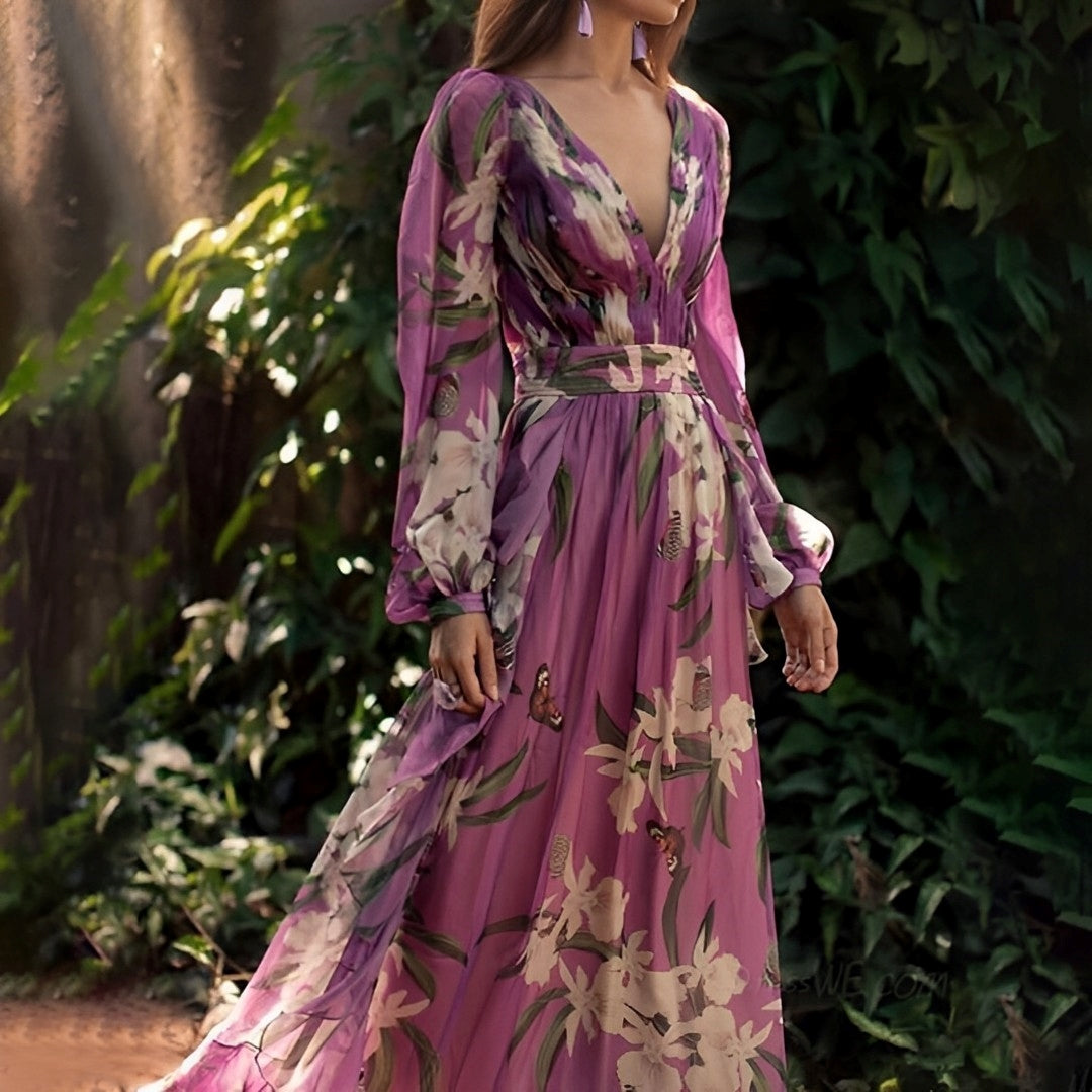 Sancha | Women's Maxi Floral Dress with V-Neck and Long Sleeve