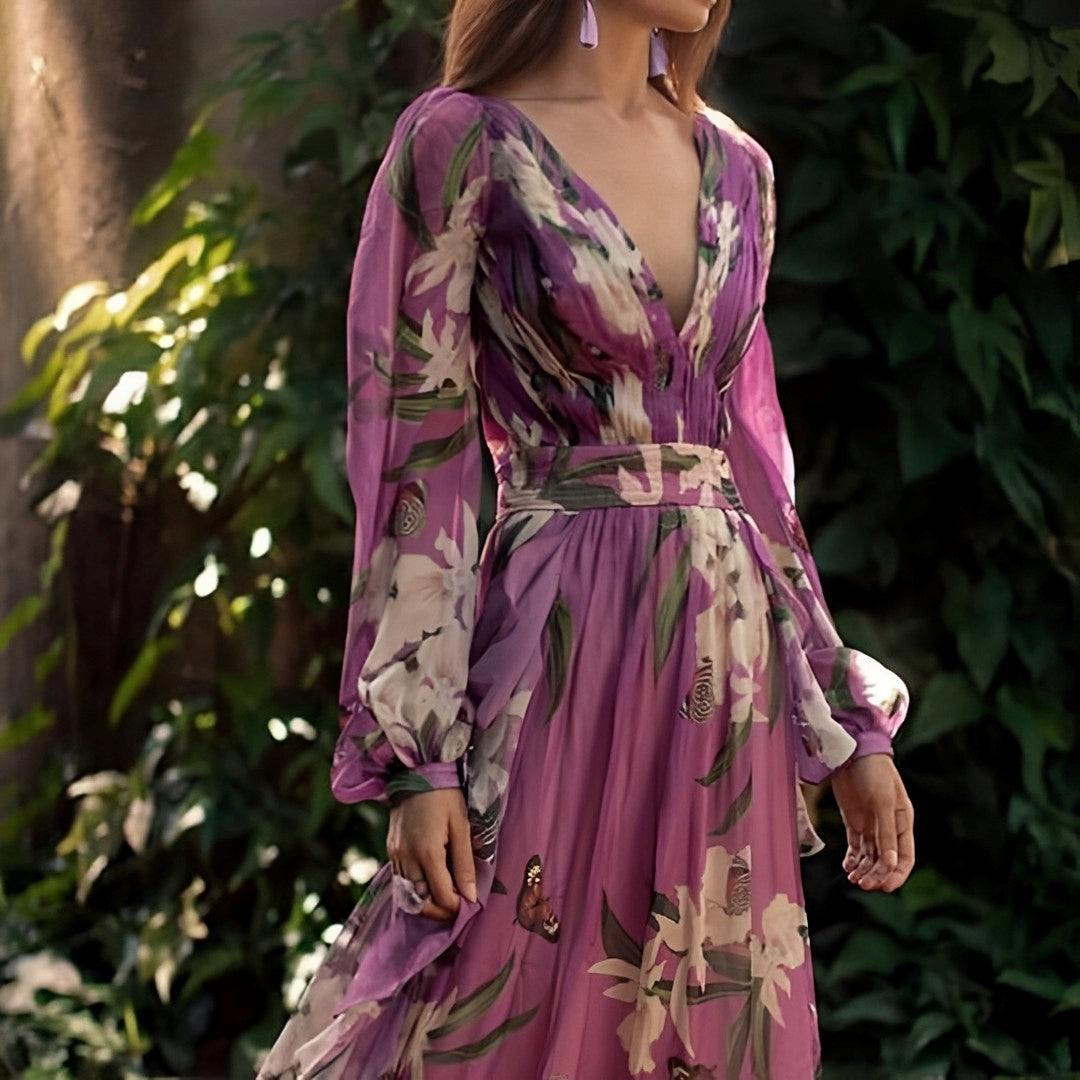Sancha | Women's Maxi Floral Dress with V-Neck and Long Sleeve