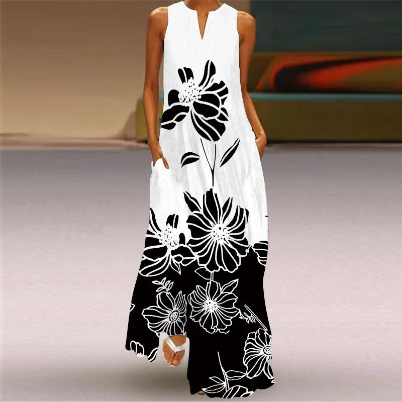 Women's Aurelia A-Line Maxi Dress with Floral Butterfly Design and Pockets